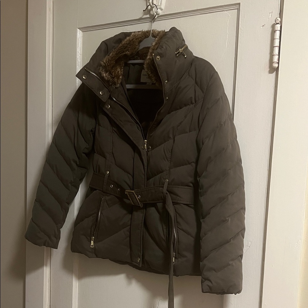 Cole Haan Signature Olive Green Down Puffer Jacket with Faux Fur